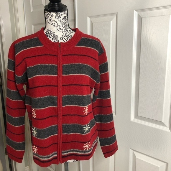 Nordic Design Snowflake Red Gray Stripe Lambswool Sweater Large Petite - Picture 1 of 4